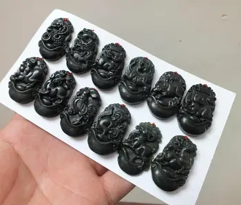 12pc Китайский черный обсидиан Нефрит ручной работы Китайский Зодиак Кулон Ожерелье