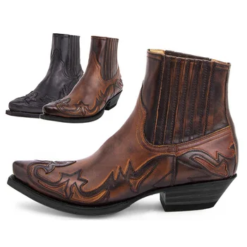 2023 Западные ковбойские сапоги для мужчин Женщины Размер 35-48 Вышивка Дизайн Остроконечная обувь Мужские ботильоны Кожаные сапоги унисекс