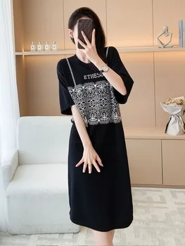 2023 Лето Новая Корейская Мода Свободное Сращенное Кружевное Платье Простой Повседневный Пуловер Трикотажное Платье Средней Длины