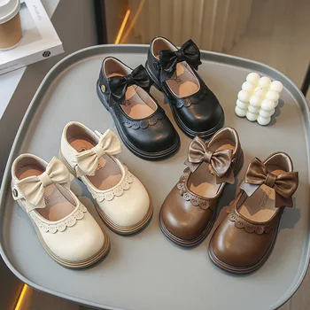 2023 Осенние кроссовки Обувь для девочек Обувь принцессы Детская обувь с мелким вырезом для девочки Кожаная обувь для галстука-бабочки Детская обувь с мягкой подошвой