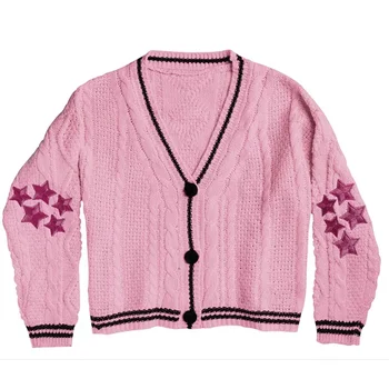 2023 Осень Новый Повседневный Теплый Вязаный Кардиган Ins Звезды Вышивка Кардиган Винтаж V-образный вырез Однобортный свободный женский свитер