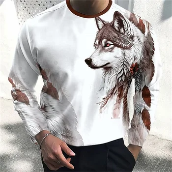  3d печатная футболка с волком животное с длинным рукавом футболка мужская мода оверсайз мужские футболки высокое качество мужская футболка с о-образным вырезом уличная одежда