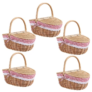 5X Плетеная корзина для пикника в деревенском стиле с крышкой, ручкой и вкладышами для пикников, вечеринок и барбекю