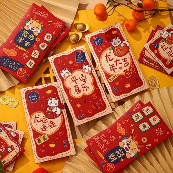 6 шт. Красный конверт Лунный китайский год дракона Счастливые деньги Карманы Мультфильм Дракон Дизайн для празднования китайского Нового года 2024