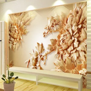 beibehang papel de parede Пользовательские обои Наклейки на стену Большие фрески 3D резьба по дереву Цветы пиона Фон для стен 3 d