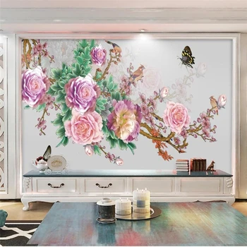 beibehang Цветы пионовидной сливы высокой четкости и богатая китайская телевизионная фоновая роспись стен на заказ большая фреска зеленая стена