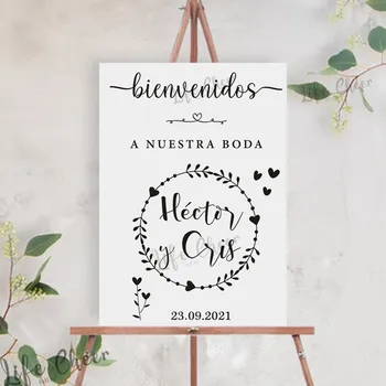 Bienvenidos Знак Свадебные наклейки Пользовательские имена и дата Виниловая наклейка Испанская свадьба Добро пожаловать MIrror Доска Наклейка Украшение Искусство