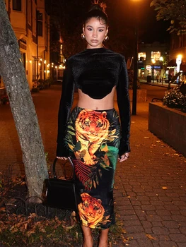 Bolopi Укороченный топ Длинная юбка с тигровым принтом Набор из 2 предметов 2023 Женская вечеринка Элегантная рождественская одежда для выпускного вечера Y2K Наряды