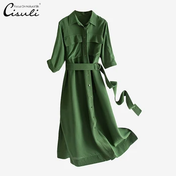 CISULI Платье из чистого шелка 100% шелковый шелковый слой Женщины Платья-рубашки Soie Зеленый цвет