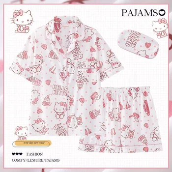 Kawaii Sanrio Hello Kitty Летние пижамные комплекты с повязкой на глаз Pochacco Аниме Домашняя одежда Пижамный костюм Девушка Кардиган с короткими рукавами