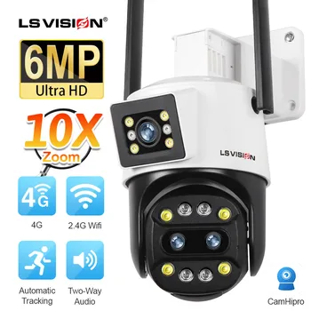 LS VISION 6MP 10X Zoom IP-камера WiFi На открытом воздухе 4G Sim Три объектива Двойные экраны P2P Автоматическое отслеживание IP66 Водонепроницаемая камера видеонаблюдения
