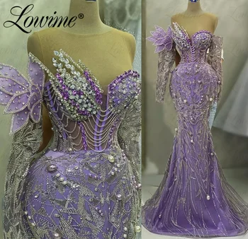 Luxury Aso Ebi Crystals Фиолетовые вечерние платья с длинным рукавом Вечерняя официальная вечеринка Прием День рождения Платья для помолвки Платья Халат