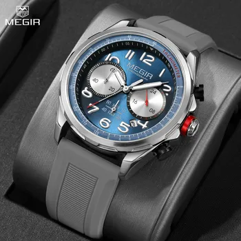 MEGIR Новые мужские часы Роскошные кварцевые наручные часы Серый Водонепроницаемый Военный Спорт Хронограф Силиконовый Ремешок Часы Montre Homme