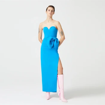 ROSELLA Сексуальные синие женские вечерние платья без бретелек с бантом и лодыжками Высокий разрез Асимметричное платье для торжественных мероприятий Новинка 2023