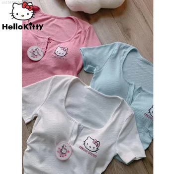 Sanrio Hello Kitty Укороченные топы Y 2k Эстетическая белая розовая футболка Молодежная женская одежда 2023 Летний синий корсетный топ с бюстгальтером yk2