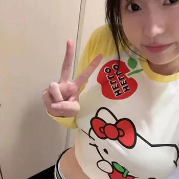 Sanrio Женщины Короткий Длинный Рукав Hello Kitty Куртка Y2K Одежда Kawaii Harajuku Корейская футболка Внутренняя одежда Горячая девушка Осень-зима