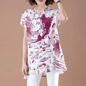 Summer Новая корейская свободная рубашка миди повседневная с принтом 2023 Женская одежда Commute V-образным вырезом на пуговицах с коротким рукавом и нерегулярным подолом блузка