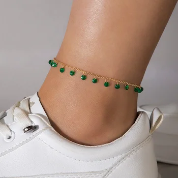 Tocona Элегантный зеленый кристалл камень кулон ножной браслет женский геометрический сплав металл регулируемый ювелирный воротник однослойный ножной браслет