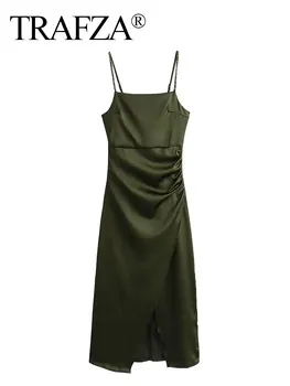 TRAFZA 2023 Летние женские модные платья Спагетти Ремешок Футляр Длинные платья Женское облегающее платье со складками Mujer Vestidos