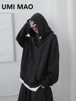 UMI MAO Йодзи Ямамото Ветер Ниша Черный свитер с капюшоном Поддельный Два неправильных темных Свободные деконструированный дизайн Sense Топы Y2k Goth