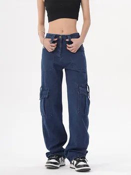 Y2K Ретро Мешковатые джинсы Женские винтажные уличные карманы Высокая талия Синие брюки-карго 90-е годы Эстетические джинсовые брюки 2022 осень-зима
