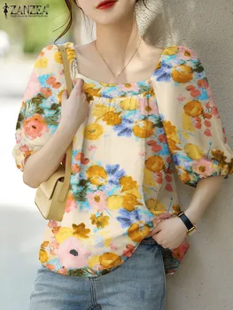 ZANZEA Корейская пышная блузка с рукавом Женщины с цветочным принтом 2023 Летний топ с квадратным воротником Blusas Повседневная свободная рубашка Богемная туника