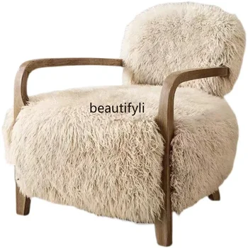  Американская страна Кресло из массива дерева Гостиная Балкон Креативный диван из овечьей шерсти Легкий роскошный современный стул