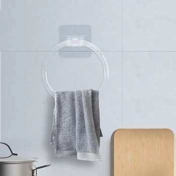  Без сверления Держатель кольца для полотенец в ванной комнате Самоклеящийся 180 ° Вращающийся прозрачный вешалка для полотенец для рук для кухни