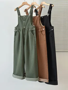 Большие размеры джинсовые комбинезоны для женщин Осень с ремешками Длинные широкие штанины Уличная одежда Комбинезоны Корейский повседневный джинсовый комбинезон 4XL Одежда