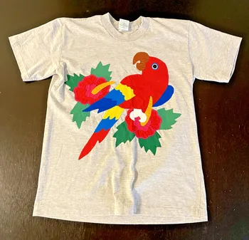 Винтажная футболка Galapago, женская: маленькая - красочная стеганая тропическая попугая с длинными рукавами