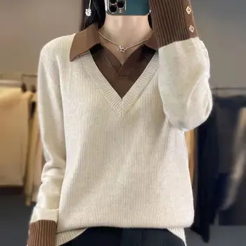 Два поддельных вязаных свитера Осенне-зимний женский свитер Повседневная нижняя рубашка Свободная и утягивающая куртка Женская трикотажная рубашка