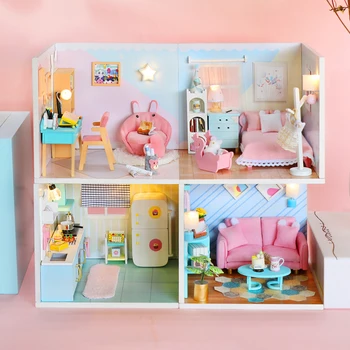 Деревянная мини-сцена Сделай сам Кукольный домик Деревянный Casa Кукольные домики Миниатюрный кукольный домик Мебель Набор со светодиодными фонарями Игрушка для детей Подарок