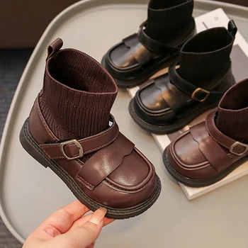 Детские сапоги Мода PU Black Bow Девочки Осень Зима Новые Дети Мода Вязать Школьные Носки Детская Обувь