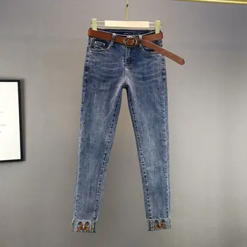  Европейская станция Синие узкие джинсы Женские женские 2023 весна Новый хлопок Эластичные брюки с высокой талией Slim Fit Pencil