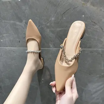 Женская обувь на спине Остроконечная квадратная обувь на низком каблуке с открытой спиной Женские однотонные модные элегантные весенние и осенние туфли на плоской подошве