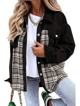 Женская осенне-зимняя джинсовая куртка с лацканами Клетчатая пряжка с длинными рукавами Рубашка в стиле пэчворк Куртка Топ