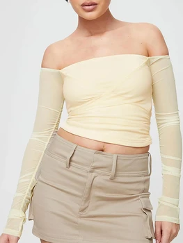 Женская футболка с длинным рукавом Топы с открытыми плечами Без спинки Однотонная приталенная женская клубная одежда