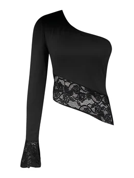 Женская футболка с длинным рукавом Топ на одно плечо Асимметричное кружево Пэчворк Приталенный крой Осенние топы Клубная одежда