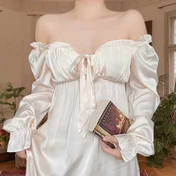 Женская элегантная ночная рубашка во французском стиле Женское летнее ночное платье с длинным рукавом Бант Сексуальная домашняя одежда Ночная рубашка для женщин