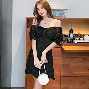 Женщины с открытыми плечами Черное кружевное сексуальное клубное платье-слинг 2023 лето Винтажное корейское мини-платье Hepburn Элегантное облегающее вечеринка Vestidos