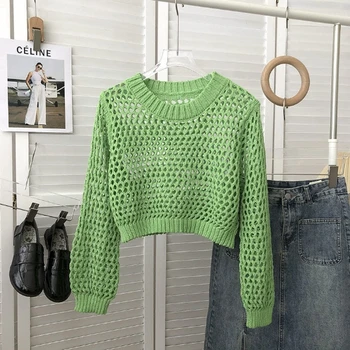 Зеленый свитер Полая уличная одежда Девушка Женская майка Ribber Трикотажная футболка Майка Трикотажные топы Корейский укороченный джаз одежда блузка