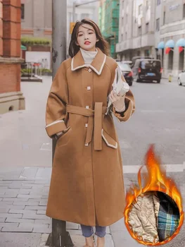  Зимние свободные утолщенные теплые хлопковые пальто на подкладке Женщины Корейская мода Уличная одежда Шерсть Смешанные пальто Повседневная верхняя одежда средней длины