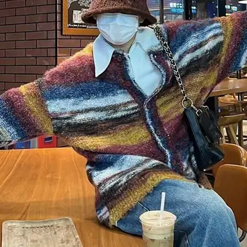 Кардиган в полоску унисекс Универсальный трикотажный свитер в полоску в стиле ретро Свободный кардиган с V-образным вырезом для мужчин и женщин в полоску осень/зима