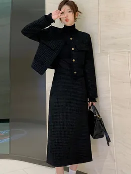 корейские наряды для женщин Набор из 2 предметов Длинный рукав О-образный вырез Однобортное пальто Миди Юбка Мода Одежда Тенденция Осень