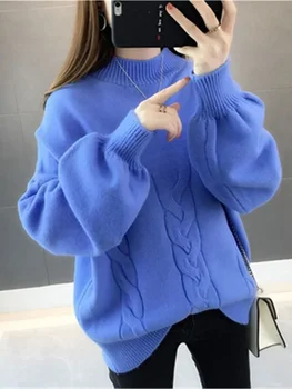 корейский зимний женский свитер половина водолазки с рукавом фонаря вязаный пуловер свободный 5XL Модный джемпер Топы 2022 Pull Z2697