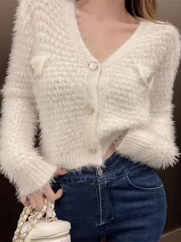 корейский повседневный кардиган укороченные топы женская осенняя одежда мода однотонный вязаный свитер пальто винтаж повседневный sueter 2023 Ropa Mujer