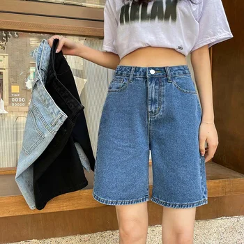 корейский стиль Классические джинсовые шорты Женские летние синие шорты с высокой талией Широкие штанины Уличная одежда Джинсы Женские шорты