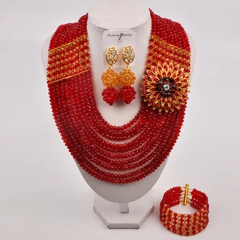  Красное и Шампанское Золото Женское Ожерелье Африканские Бусины Ювелирный Набор Кристалл