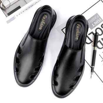 Летние открытые сандалии мужские повседневные брендовые лоферы Дышащие слипоны для вождения Натуральная кожа Мода Hollow Out Мокасины