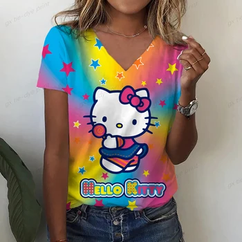 Летние повседневные футболки Женская футболка с коротким рукавом Hello Kitty Cartoon Print Street Top Женская футболка с V-образным вырезом Размер 5XL Свободный топ